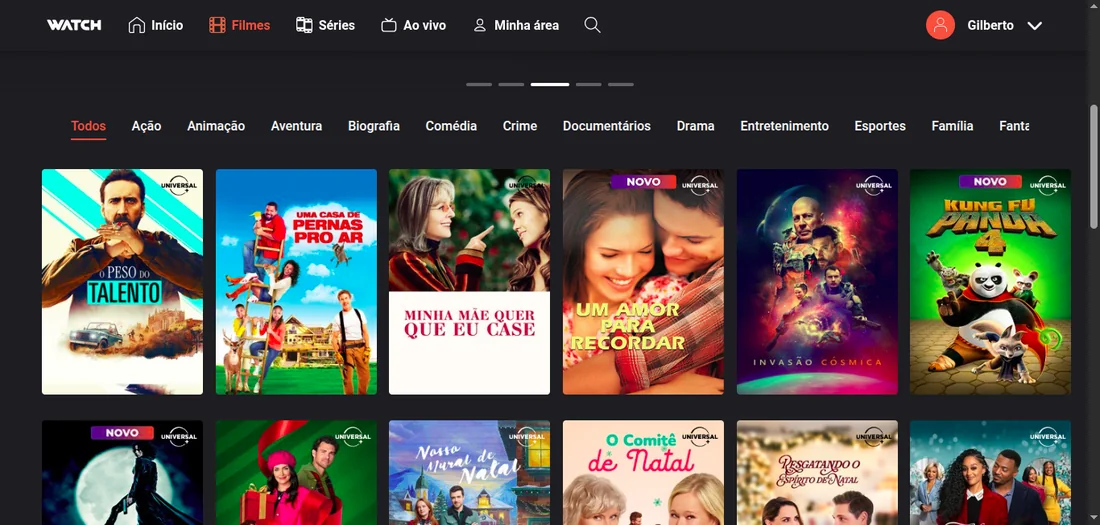 Área de filmes da plataforma Watch