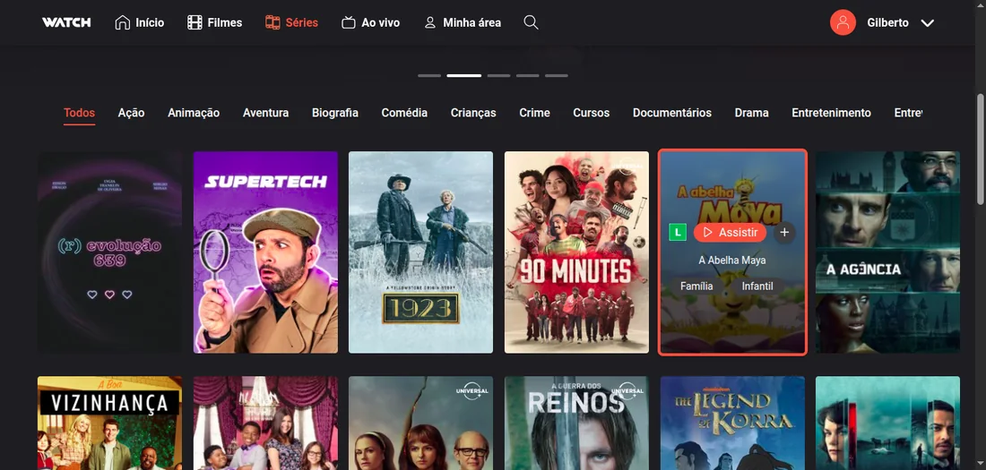 Área de séries da plataforma Watch